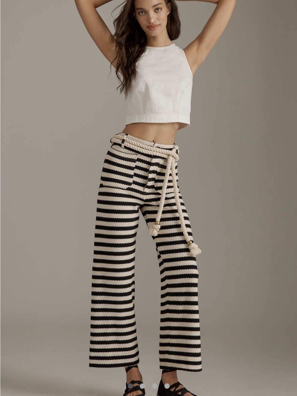Maeve Black and Cream Striped Cropped Knit Pants